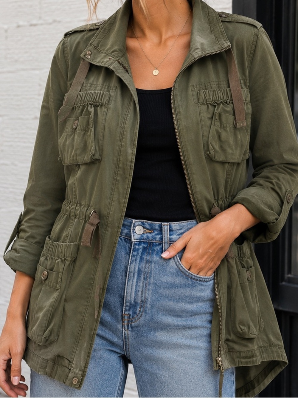 Bar III Women’s S Olive Green Utility Jacket Military Safari Cargo Gorpcore